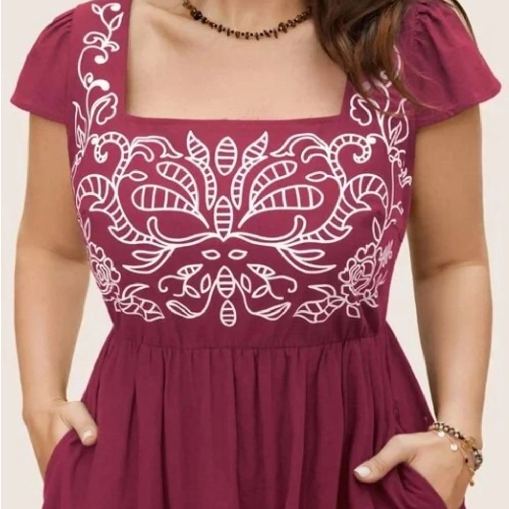 BloomChic Maroon Midi Dress with Ivory Detailing
